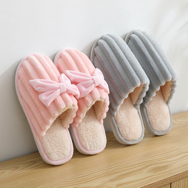 

women indoor slippers soft faux fur bowtie lovers bedroom slipper warm plush autumn winter shoes woman men home slides sh08213, Black