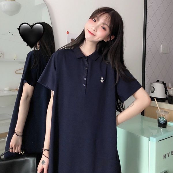

2020 t-shirt and skirt skirt summer new korean style casual polo collar mid-length slim short-sleeved t-shirt dress for women, Black;gray