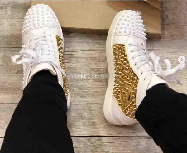 

2020 мода red bottom high top женщины, мужская обувь шипы кроссовки 2colors шипованных кожаные ботинки заклепки плоские полуботинки, свадебн, Black