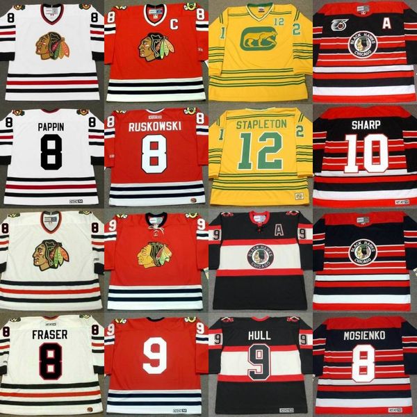 

chicago blackhawks bill mosienko bobby hull dennis hull patrick sharp tony amonte at stapleton pat stapleton tom lysiak hockey jersey, Black;red