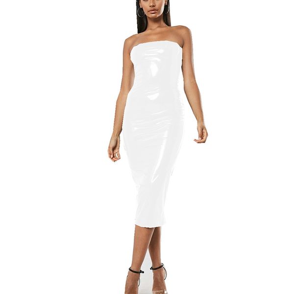 Plus Größe Wet Look PVC Dünne Lange Kleid Frauen Sexy Sommer Off Schulter Vestido Club Party Bodycon Liebsten Rohr Midi kleid