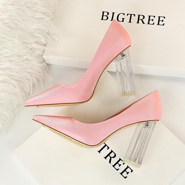 

2020 new fashion women block 9cm high heels lady scarpins black satin luxury pumps female wedding yellow silk pink yellow shoes