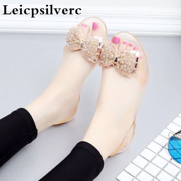 

summer new crystal women's sandals flat bottomed water drill bow tie beach jelly women shoes, Black