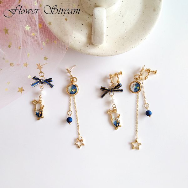 

blue dream earrings asymmetrical temperament long frosted pearl earrings ear clips, Silver