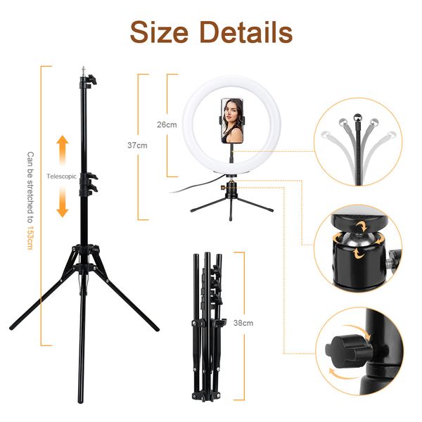 

rgb pgraphy led selfie ring light 26cm 7-speed stepless lighting dimmable with tripod for makeup video live studio