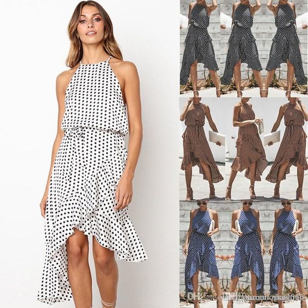 

women dress halter sling sleeveless elegant lady polka dot print skirt casual ribbon waist asymmetric long mid calf dresses size s-xl, Black;gray