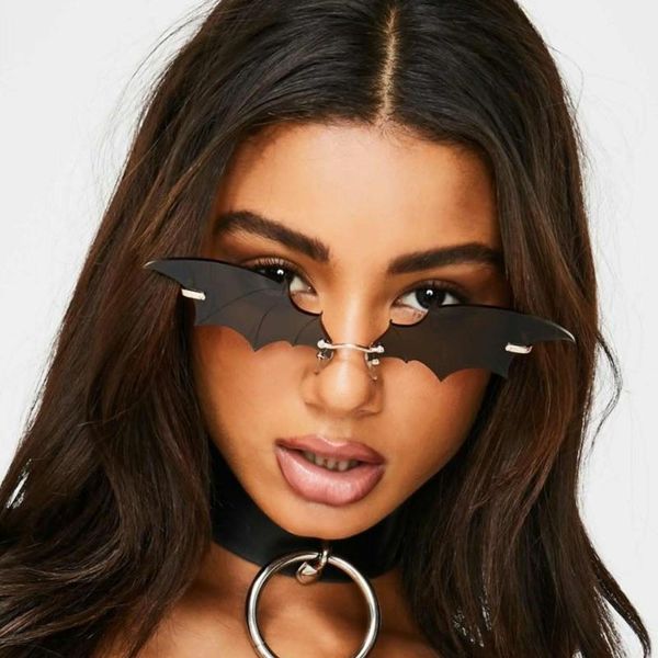 

2020 small cat eye sunglasses women new rimless punk sun glasses bat shape unique eyeglasses men uv400, White;black