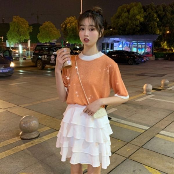 

y6g41 гонконг стиле шею с коротким рукавом футболки торт юбка свободная футболка + сладкий мило озорной торт юбки 2020 лето новый корейский, Black