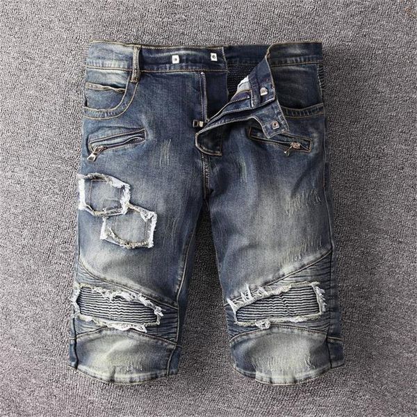 

new summer mens holes denim shorts zipper fashion large pocket men denim jeans slim straight pants trend mens designer shorts, Blue