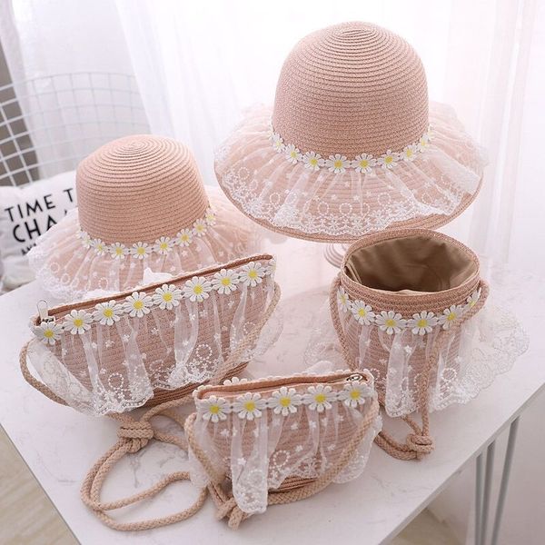 

children's new girls' lace daisy straw lace straw korean style outing sun-shading parent hat sun-proof beach hat, Yellow