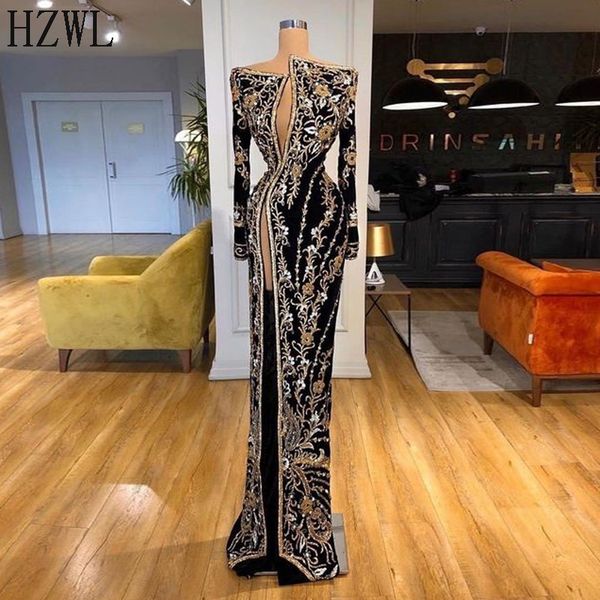 

long sleeve high split black gold lace prom dresses vestidos irregular neck floor length evening dress, Black;red