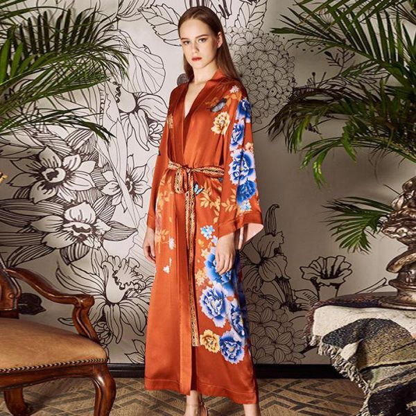 

women's sleepwear 100% silk robe printed floral vintage female kimono bath gown long loose bathrobe with belt casual home dressing, Black;red