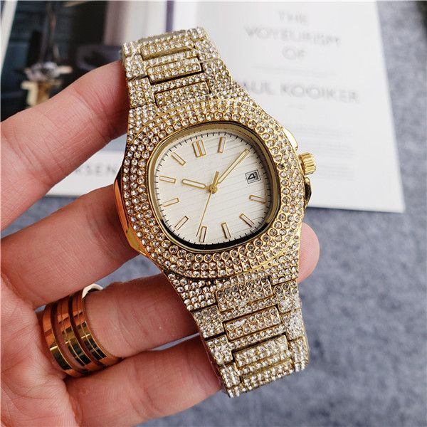 

selling full diamond british watch casual fashion diamond calendar men's watch royal oak steel belt folding buckle ing, Slivery;brown