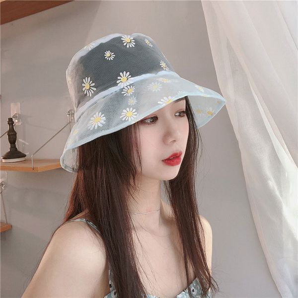 

2020 new breathable cute basin hat small fresh summer fisherman mesh sun hat caps flowers fashion fisherman's female lovely, Blue;gray