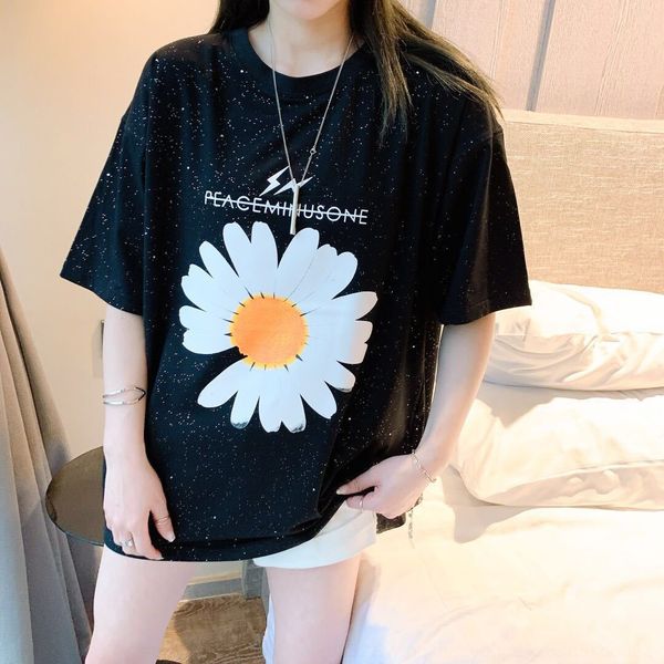 

большой daisy напечатанного вокруг шеи всего-матч с короткими рукавами топа летней рыхлым популярной блестящей футболка студенческих женщина, White