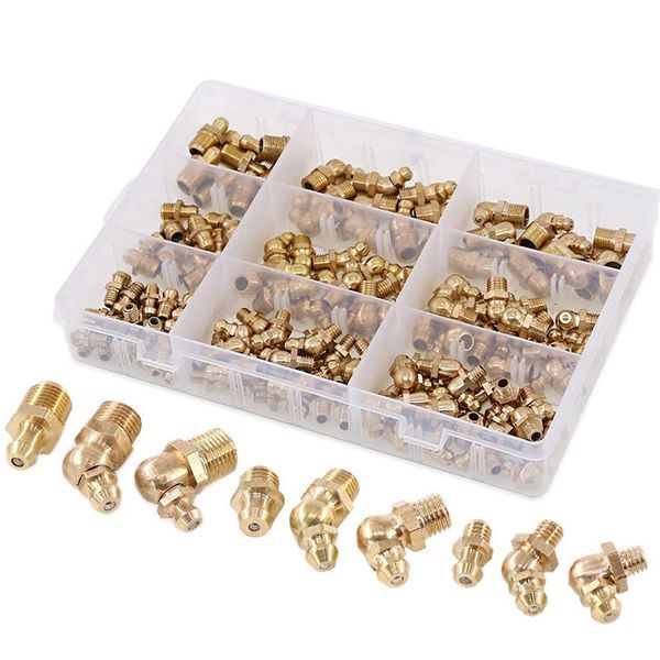 

145-pcs metric standard brass hydraulic grease fitting assortment kit - straight, 90-degree, 45-degree angled zerk