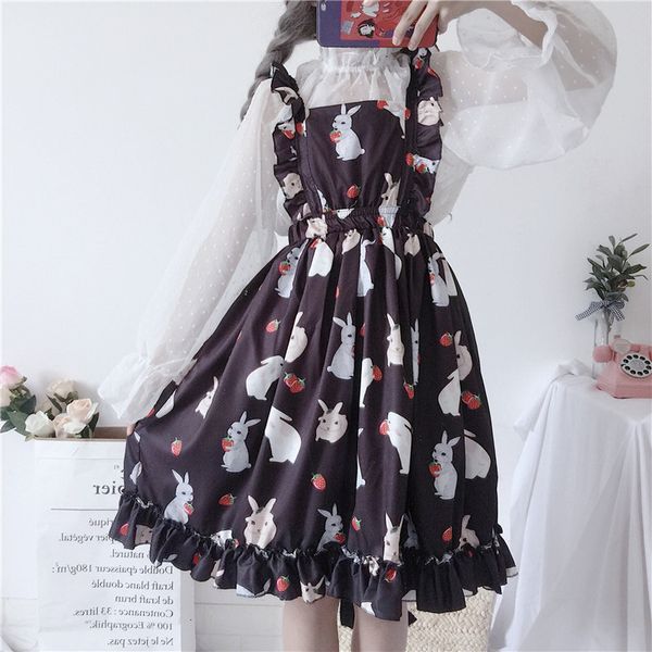 

womens dresses chic lady kawaii ulzzang strawberry rabbit cute strap dress female ins vintage harajuku dress for women casual, Black;gray