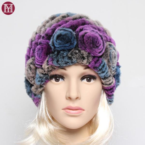 

beanie/skull caps 2021 winter women striped 100% natural real rex fur cap fashion good stretch knitted genuine hats, Blue;gray