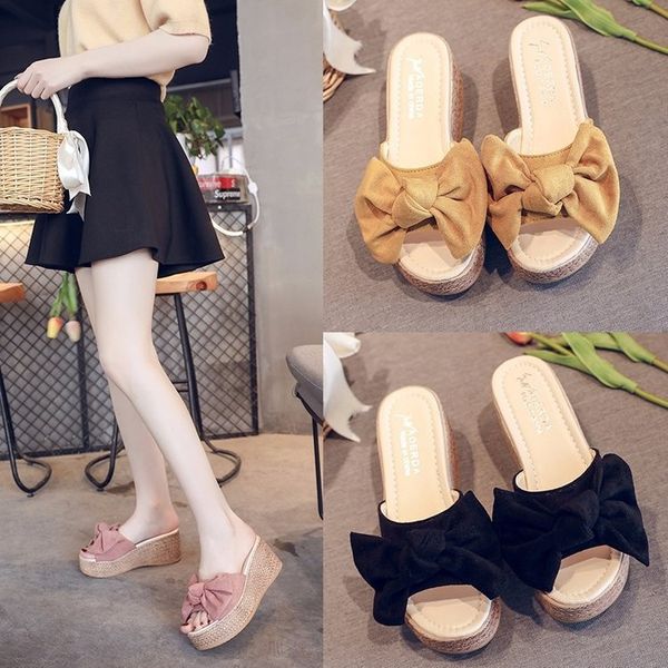 

thick-soled wedge women's fashion new korean style slippers outer wear ultra and sandals slippers sandals high heel sandalsbottom bow