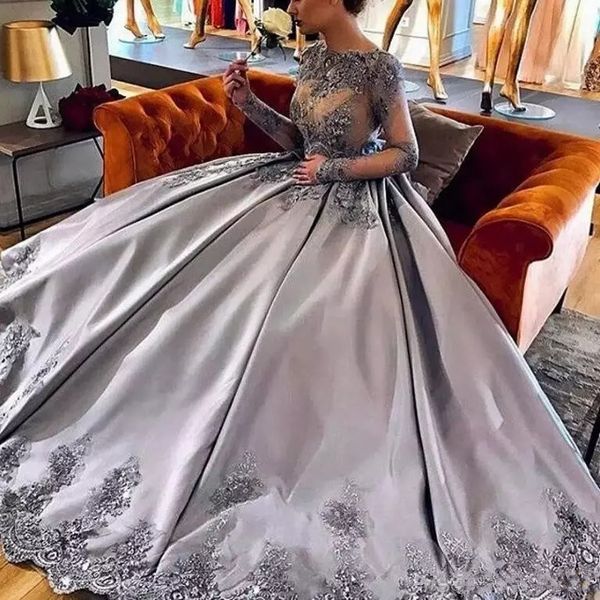 

amazing silver long sleeves ball gown evening dresses 2020 high neck lace appliques formal prom dress luxury pageant celebrity gown, Black;red