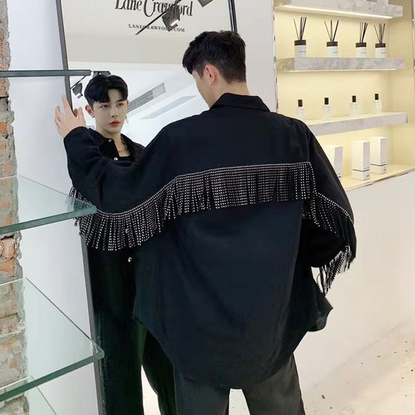 

autumn male streetwear hip hop punk gothic party stage show loose black tassel long sleeve oversized shirt casual dress shirts, White;black
