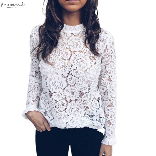 

2020 autumn women lace crochet blouse ladies elegant white shirts long sleeve solid female shirts casual top