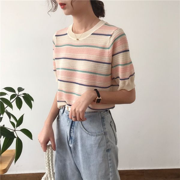 

new round neck loose all-match color striped knitwear ice silk knitwear women's top, White