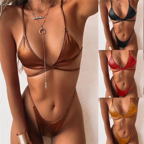 

new bikini 2020 women minimalist halter swimsuit ladies split swimwear shiny bordered bikini set push up bathing suit, White;black