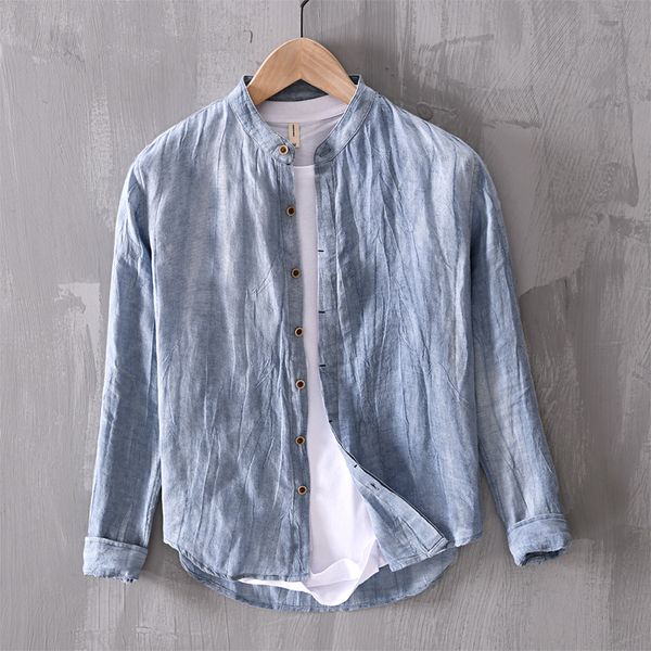

men's casual shirts 2021 spring style flax long-sleeved shirt youth comfortable wrinkled face stand collar, White;black