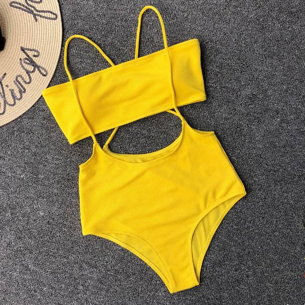 

bikiwave 2020 bandeau bikini women swimsuit neon high waist solid swimwear cross bandage yellow bikini set beach bathing suits, White;black