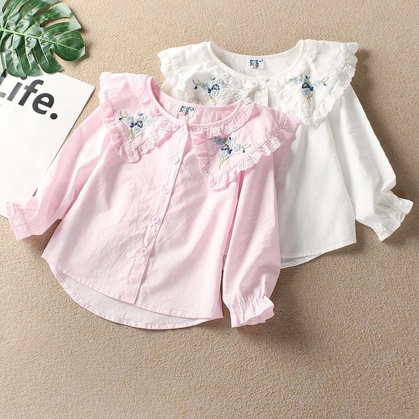 

2020 children's clothing korean embroidered girl long sleeve lace big lapel children's and girls embroidered lace shirt ' shi, White;black