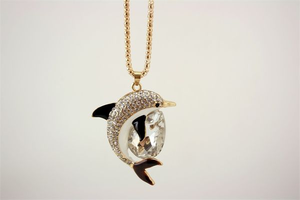 

cute dolphin pendant necklace korean all-match crystal sweater chain fashion 60cm + 5cm extended chain jewelry lovers gift, Silver