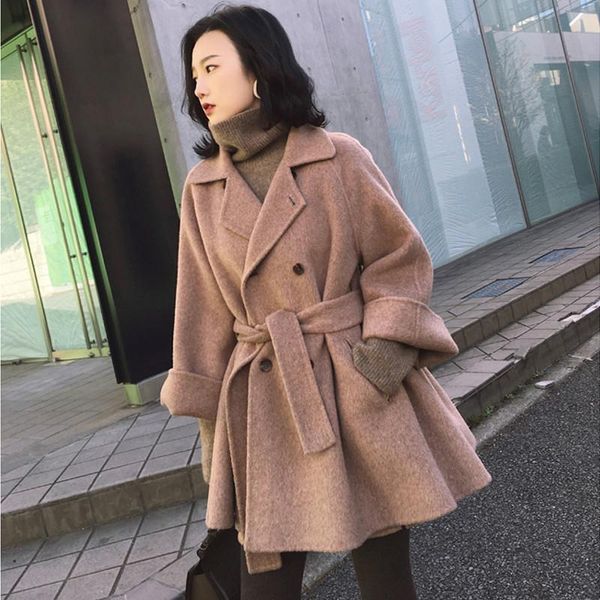 

2020 осень зима шерсть куртка женщин double breasted coat элегантный шинель basic coat карманный шерстяной top plus размер 4xl l154, Black