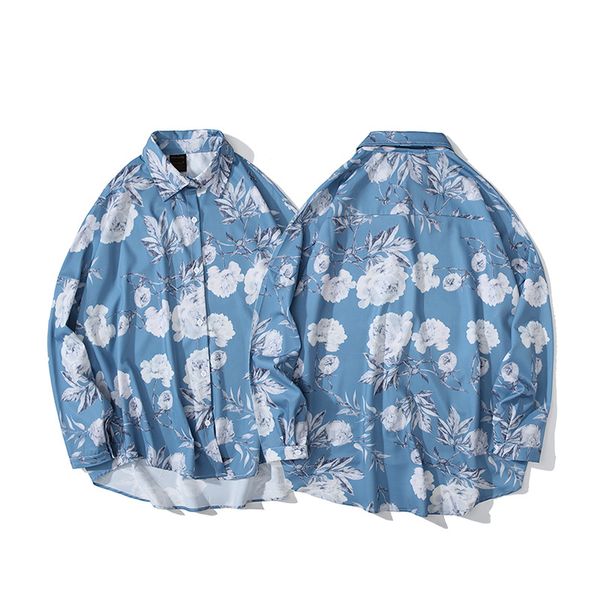 

men's casual shirts 2021 hip hop shirt long sleeve oversized harajuku streetwear loose hawaiian floral autumn hiphop clothes, White;black