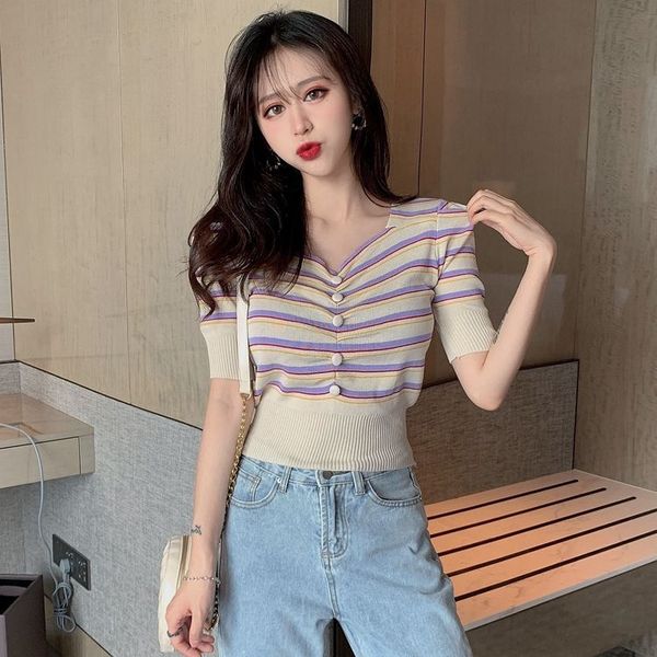 

hong kong style pleated v-neck temperament sleeve sweater 2019 summer jacket short jacket striped all-match slimming short top, White;black