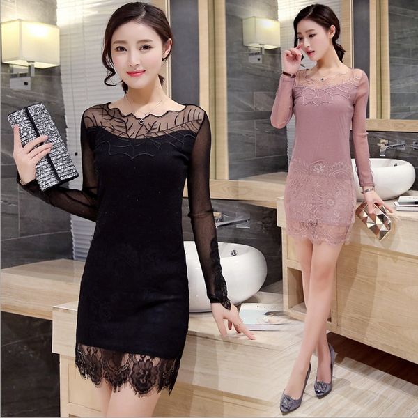 

2019 весной новый женская одежда корейский стиль тонкий шнурок сетки с длинным рукавом рубашки базовой средней длины вышитые моды платье кру, Black;gray