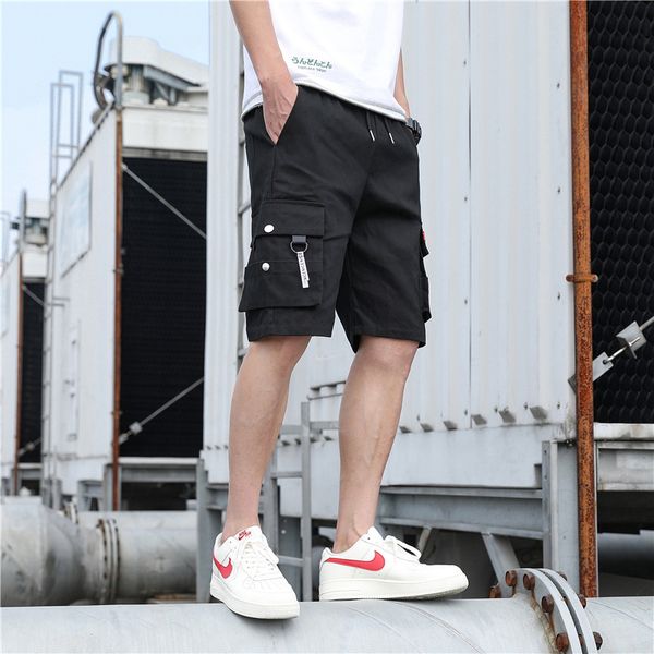 

summer new style large size loose-fit solid color bib overall men multi-pockets casual pants sports shorts g19 men's shorts-40, White;black