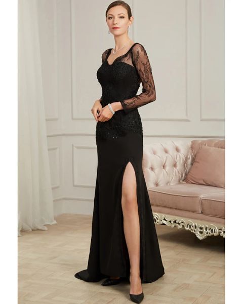 

sheath / column black party wear formal evening dress v neck long sleeve sweep / brush train chiffon tulle with beading split appliques, Black;red