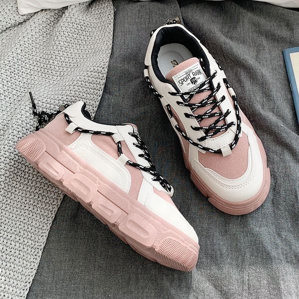 

2020 women chunky sneakers ulzzang running platform tenis female comfor casual shoes woman pink white leather lace up spring
