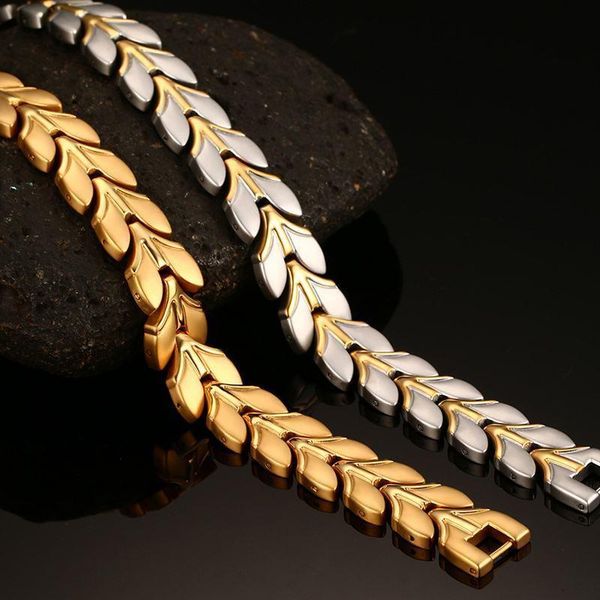 

vinterly gold-color magnetic bracelet men stainless steel wheat chain link bracelet health energy charm bracelets for men women, Golden;silver