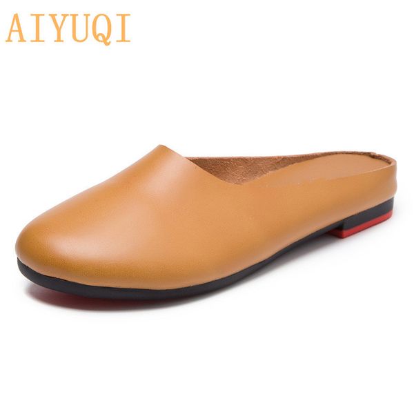 

aiyuqi 2020 spring new genuine leather shoes big size 41 42 43 flat casual summer half slippers women y200624, Black