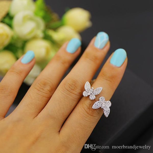 

butterfly open female ring copper mini diamond inlay fashion jewelry gold/silver, Golden;silver