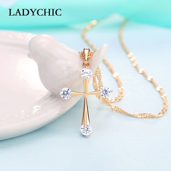 

ladychic simple cubic zirconia gold color cross pendant fashion cute cross necklace women prayer christian jesus jewelry ln1073, Silver