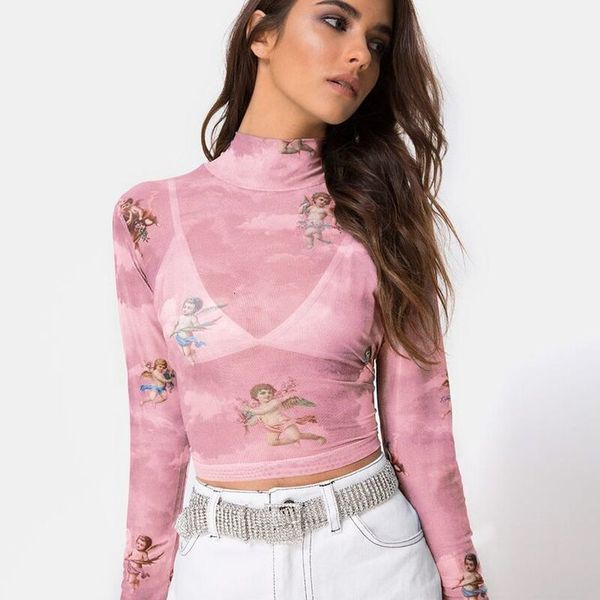 

женщины с длинным рукавом see through sheer mesh angel print top shirt top ladies printed sexy модный top аппликация тройники рубашки женски, White