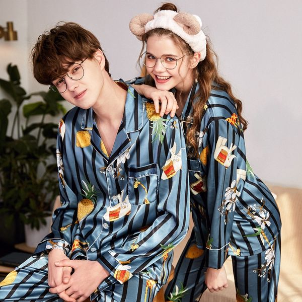 

2020 new pajamas simulation ice silk couple pajamas female cartoon simulation silk men thin korean style home clothes set, Blue;red