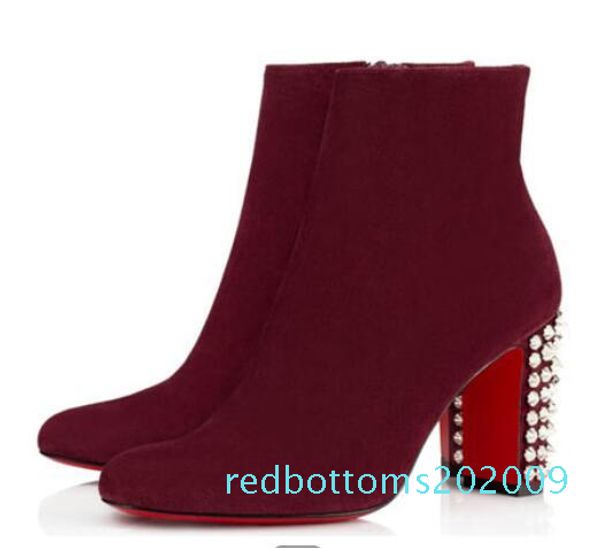 

elegant brand suzi folk ankle ,wine-red,black suede & leather lady red bottom women chunky heels winter fashion boot with box