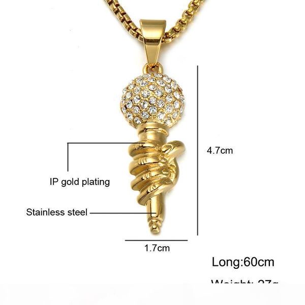 

u mens hip hop jewelry bling iced out titanium music microphone mike pendant necklace with 24inch gold color stainless steel chain, Silver