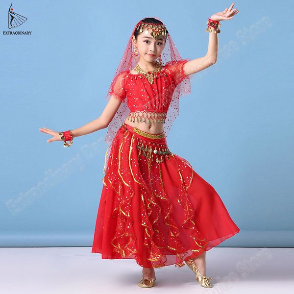 

children belly dance costumes set bollywood dance kids dresses chiffon coin performance belt skirt 6 colour, Black;red