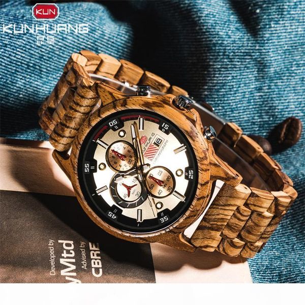 

wood relogio masculino wooden watch date display casual men wood chronograph sport outdoor quartz watches, Slivery;brown
