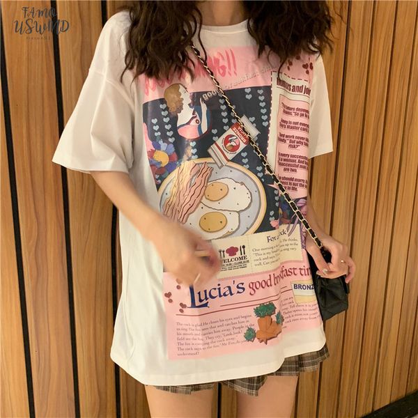

korea kawaii women new summer t shirt short sleeve o neck breakfast pictures print fashion t shirts casual loose ladies kimono, White